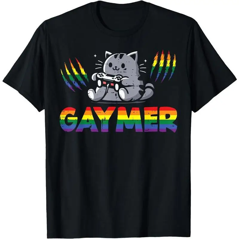 

Gaymer Shirt Cute Cat Gamer Tee with Rainbow Pride Scratch 2025 LGBTQ+ Gaming Gift Graphic T-Shirt for Men Geek Fans Casual