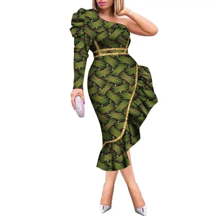 

Fashion African Wax Print Dresses for Women Cotton Riche Knee Length Dress Traditional African Women Party Clothing WY8460