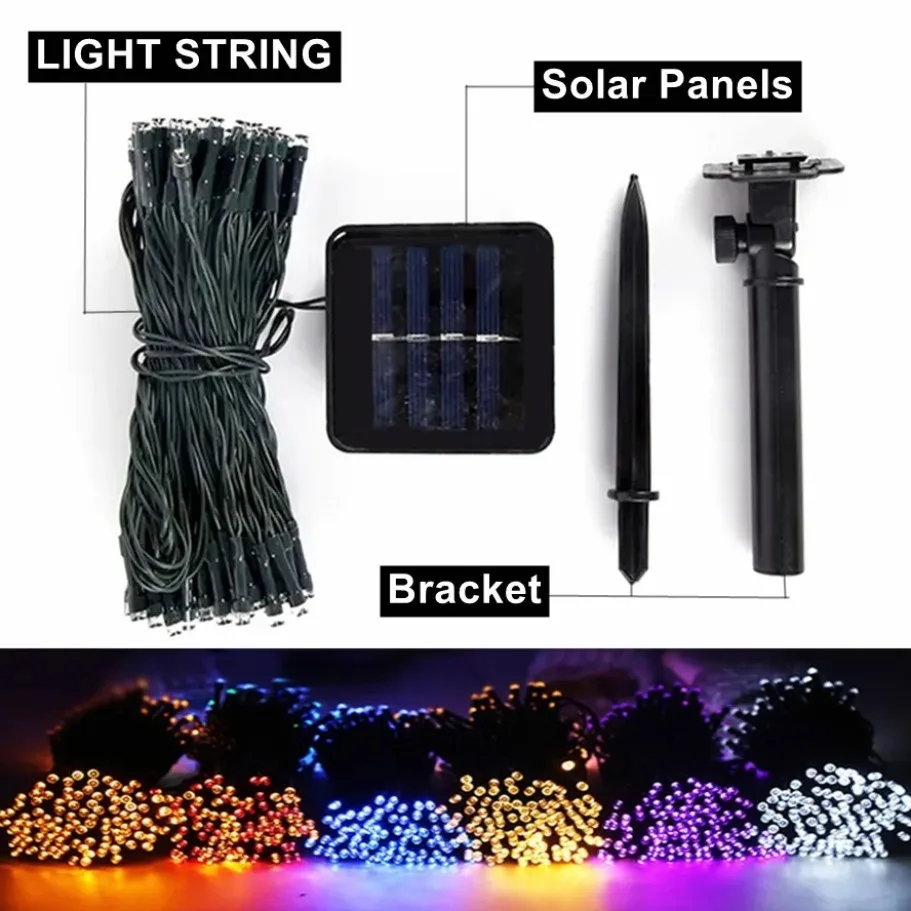 LED سلسلة أضواء الشمسية 8 طرق 300LED تعمل بالطاقة الشمسية أضواء عيد الميلاد في الهواء الطلق 32 متر أطول مقاوم للماء أضواء عيد الميلاد الجنية المرصعة بالنجوم