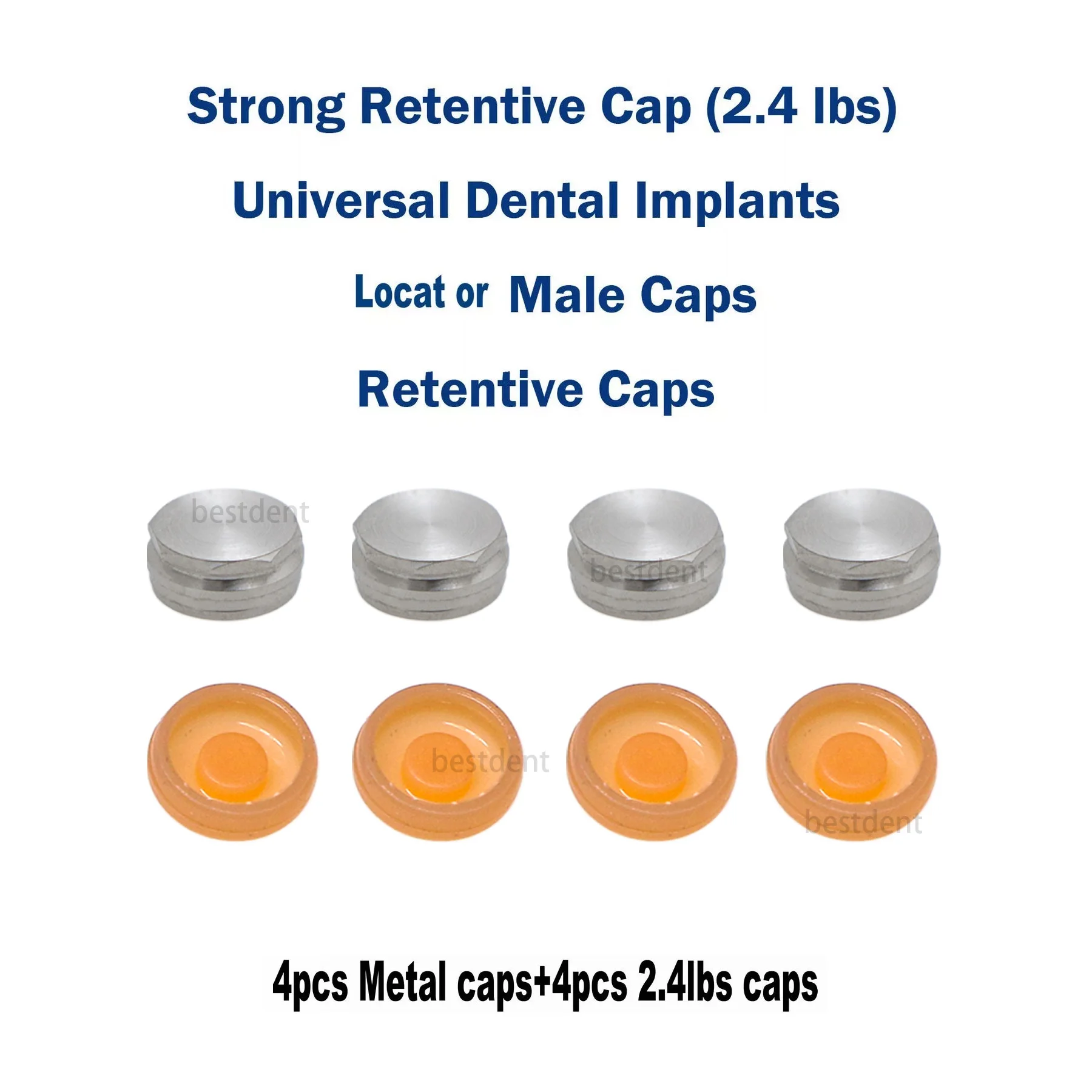 4pcs 2.4lbs caps Retentive & 4pcs Metal Caps Overdenture Abutment Male Caps Inserts