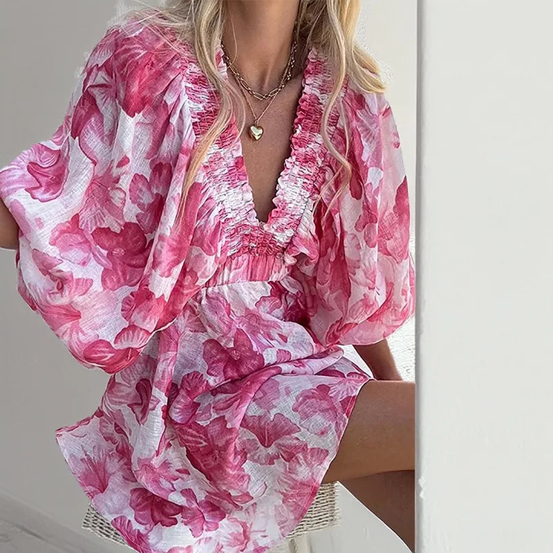 

Spring Autumn Sexy Loose Print Lady Dress Elegant Pink Casual V-Neck Puff Sleeve Fashion Classic Pleated Women's Mini Dresses