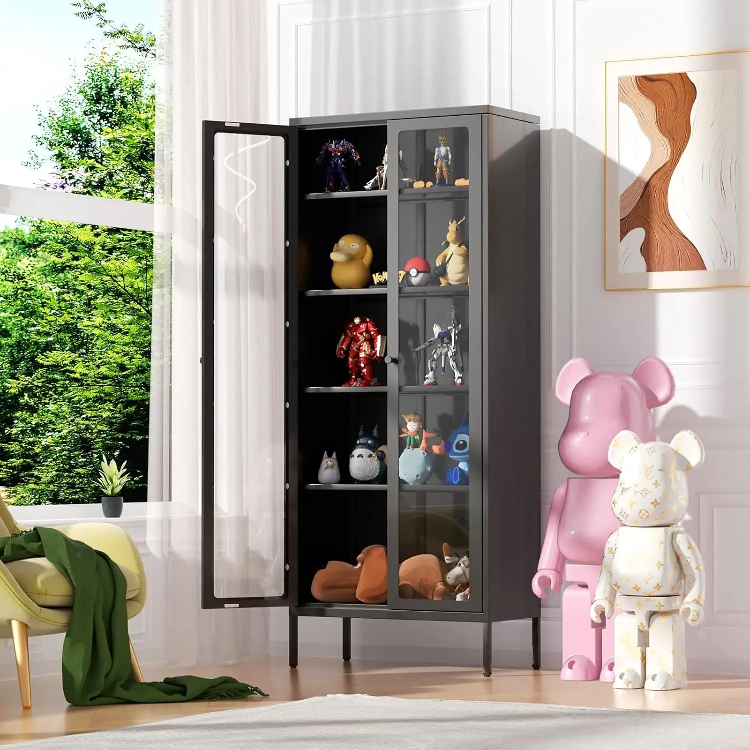 Metal Storage Cabinet, Curio Display Cabinet with 2 Glass Display Door and 4 Shelves, Side Storage Organize