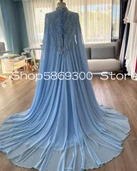 Sky Blue Morocco Caftan Evening Formal Dresses with Cape Customsized Muslim Luxury Kaftan Arabic Prom Gala Gown Outfit