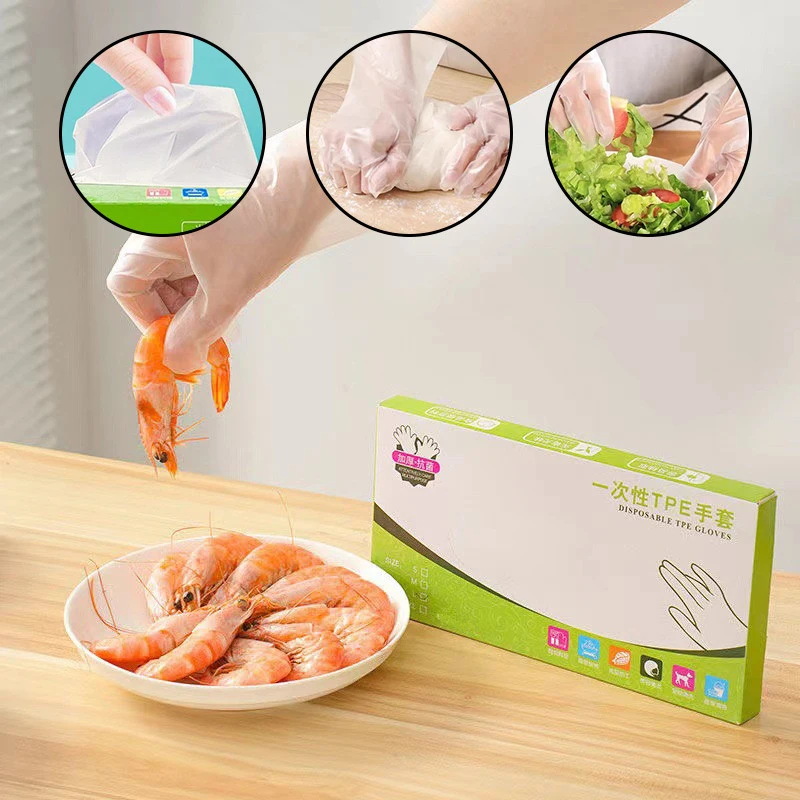 50pcs/box Food Grade Latex Free Gloves TPE Disposable Gloves Transparent Non-Slip Acid Household Cleaning Gloves