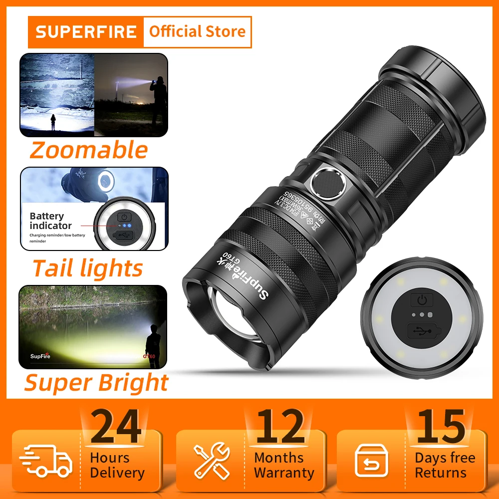 

SUPERFIRE GT60 Powerful P90 Led Flashlight 3000LM Ultra Bright Tactical Torch Emergency Spotlights Telescopic Zoom Camping Light