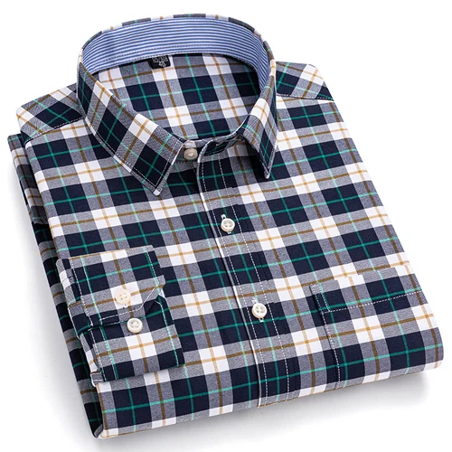 Imagen 2 del producto Camisas sociales para hombre, 100% de algodón puro Oxford de manga larga con botones a cuadros, ropa Formal informal para hombre, camisa de gran tamaño de talla grande S-7XL