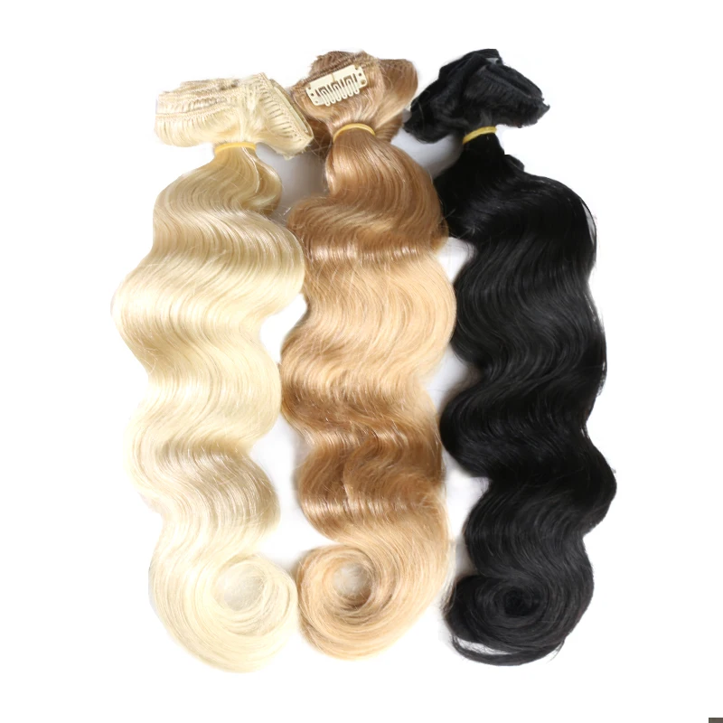 Rambut Ratu Ali 7 Buah/Set Klip Gelombang Tubuh Dalam Ekstensi Rambut Manusia Ombre Warna Pirang 613 #12 "-26" Mesin Brasil Dibuat Rambut Remy