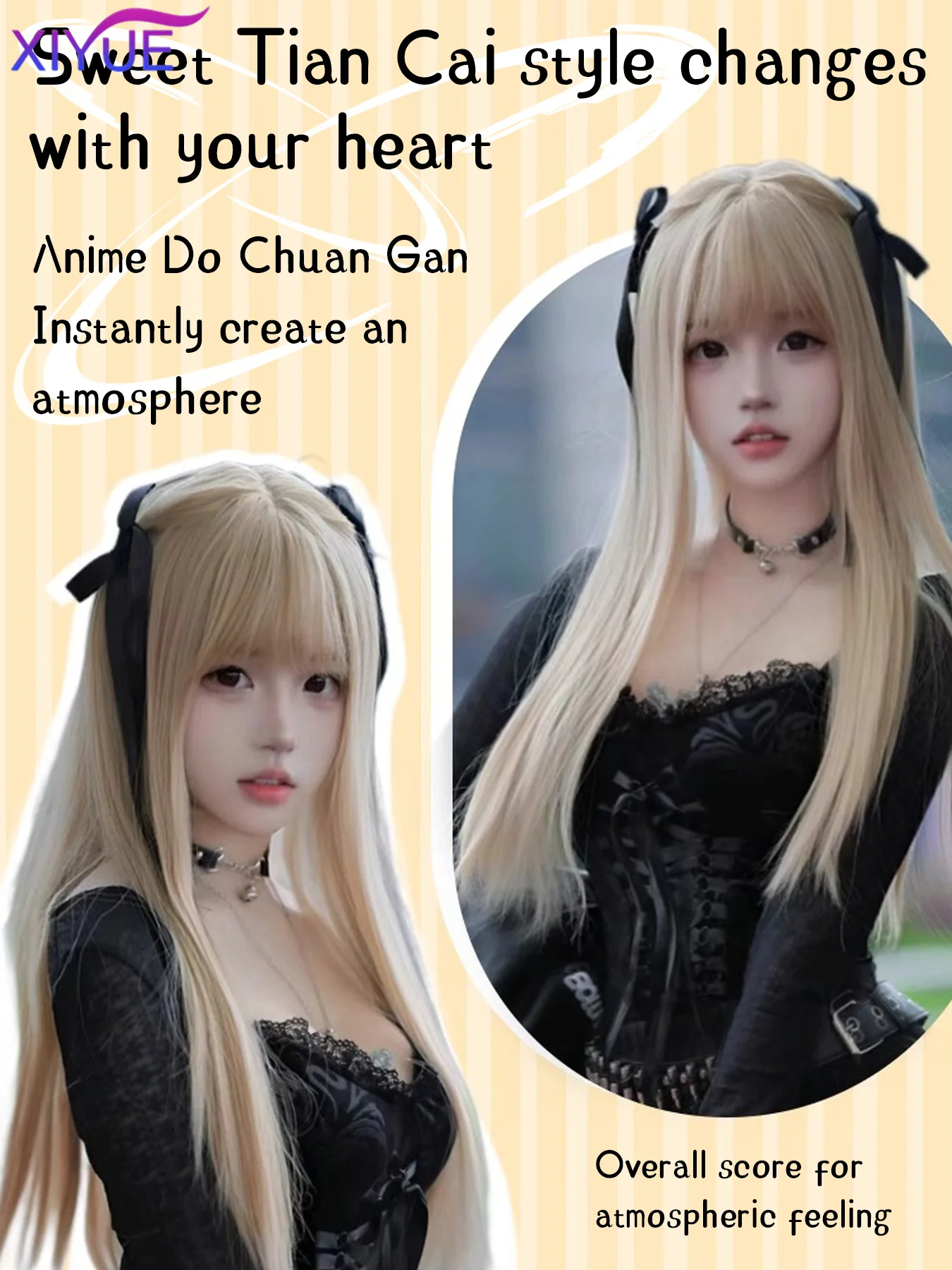 XIYUE Blonde Golden Long Straight Synthetic Wigs with Bangs Beige Lolita Hairs Wig for Women Daily Party Heat Resistant Fiber