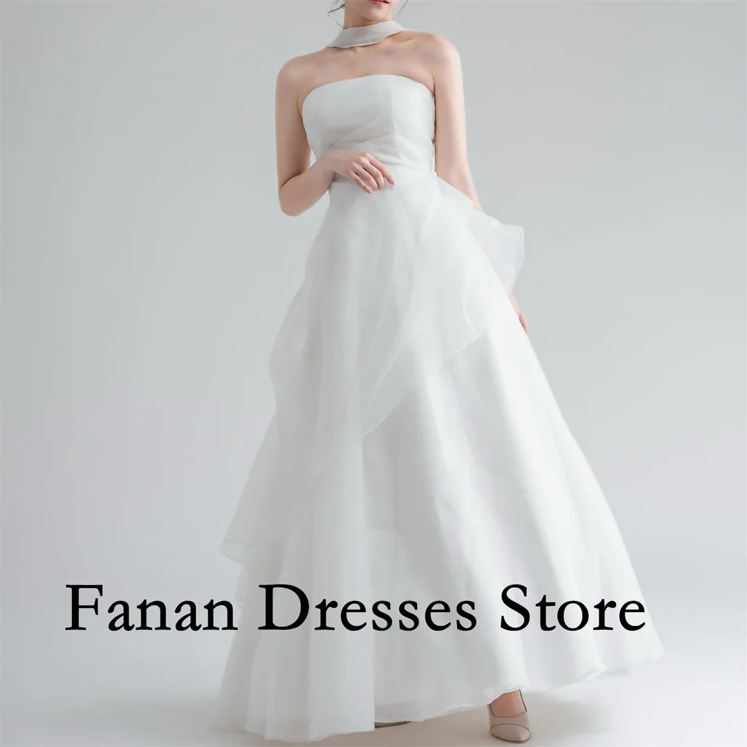 فانانان كوريا على شكل حرف a طول الأرض بدون حمالات أورجانزا متدرج مكشكش بدون أكمام مشد فساتين زفاف سترس عاجي مخصص Pr #3