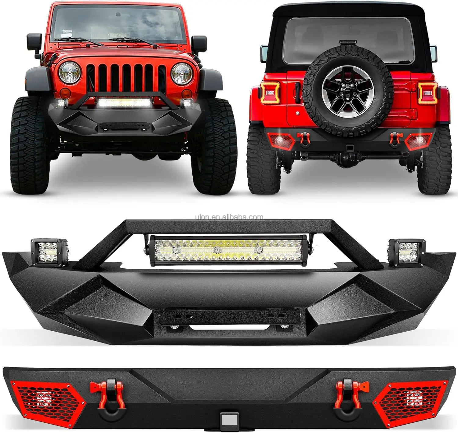 

Factory Price OEM Front & Rear Bumper Fit 2007-2018 Jeep Wrangler JK JKU Unlimited with Winch Plate License, 2" Hitch Receiver