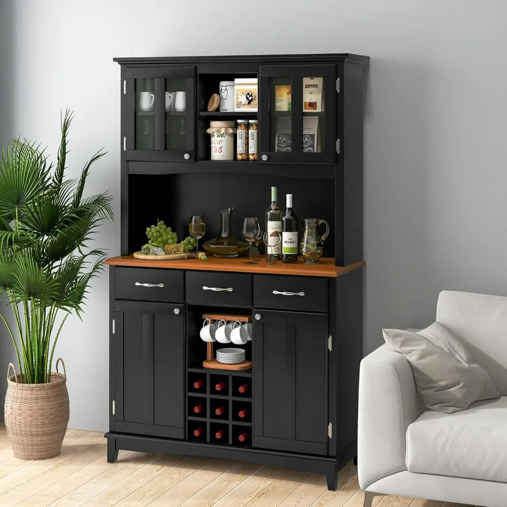 72.5” Buffet with Hutch, Freestanding Pantry Storage Cabinet with Drawers, Adjustable Shelves, Wine Grids, Microwave Countertop,