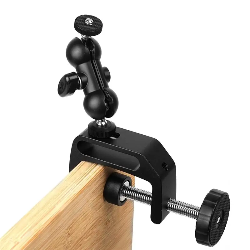 Adjustable Camera Clamp Mount With Double Ballhead, Super Clamp Desk Table Mount Bracket For Monitor, LED Flash & Lights