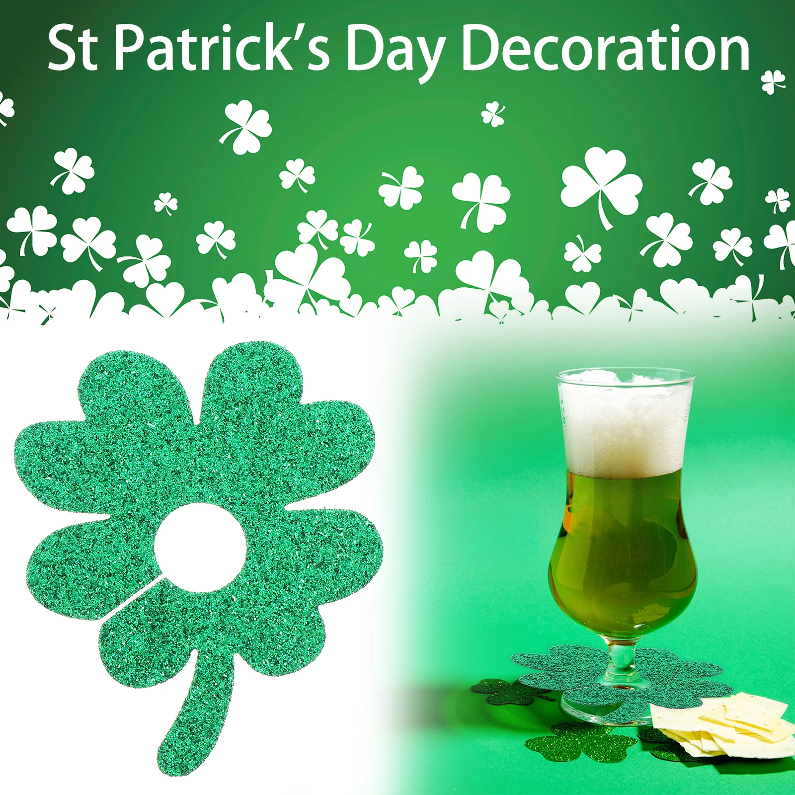 

24pcs Four Leaf Clover Glass Rings Markers Green Glitter Nonwoven Cup Charms Party Supplies Bar Tools Gifts St Patrick