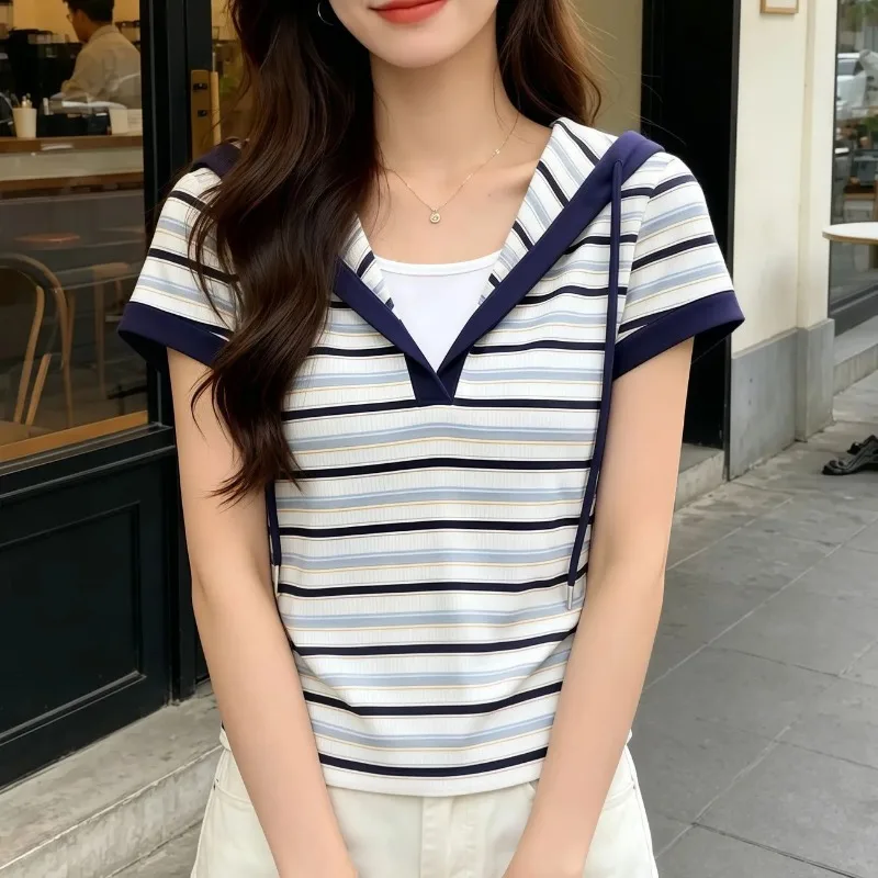 Women's Two-piece Striped Hooded Short Sleeve T-shirt Summer Casual Knit Top