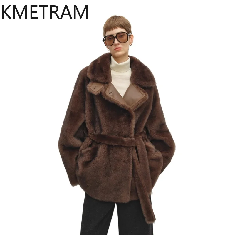 

KMETRAM Natural Merino Sheepskin with Wool Attached Coat Luxury Real Fur Jacket with Belt Winter Woman Clothing шуба женская