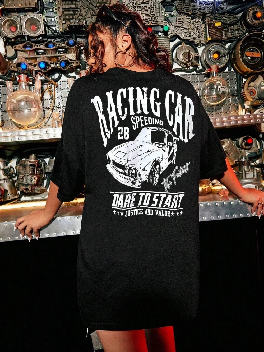 Racing Car Speeding Dare To Start Justice And Valor Tshirt Women Cotton Short Sleeve Street Loose Clothes Summer Casual Tshirts