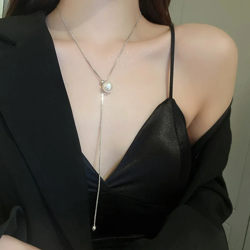 

Single Pearl snake chain beads adjustable necklace Internet celebrity temperament clavicle chain fashion light luxury necklace
