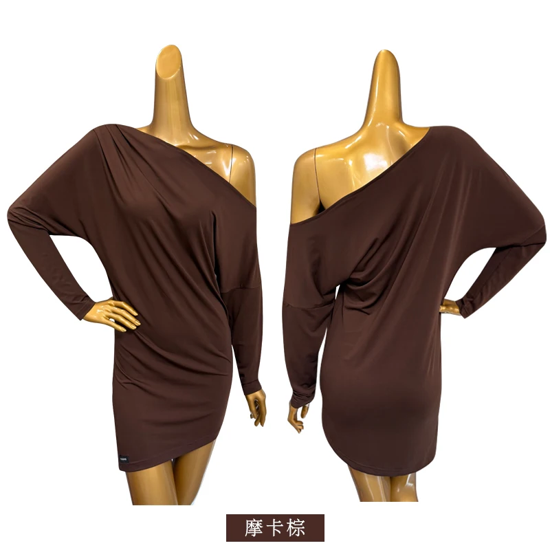 2023 neue Latin Dance Kleid Für Frauen Lange Ärmeln Schräge Schultern Lose Fit Kleid Chacha Rumba Tango Praxis Kleidung DQS21035