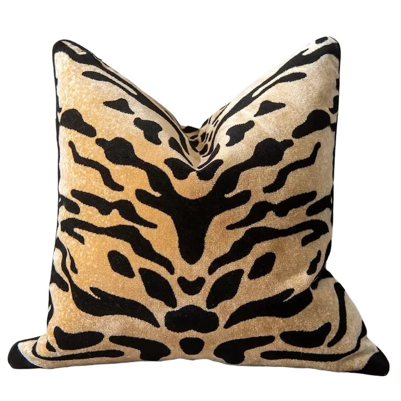 DUNXDECO Animal Printing Collection Zebra Tiger Luxury Velvet Cushion Cover Decorative Pillow Case One Side Print Backside Black