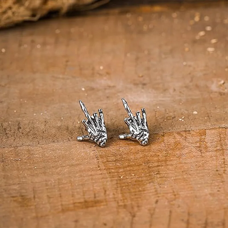 Vintage Silver Color Skull Hand Middle Finger Stud Earrings for Men Women Punk Hip Hop Halloween Piercing Earring Rock Jewelry