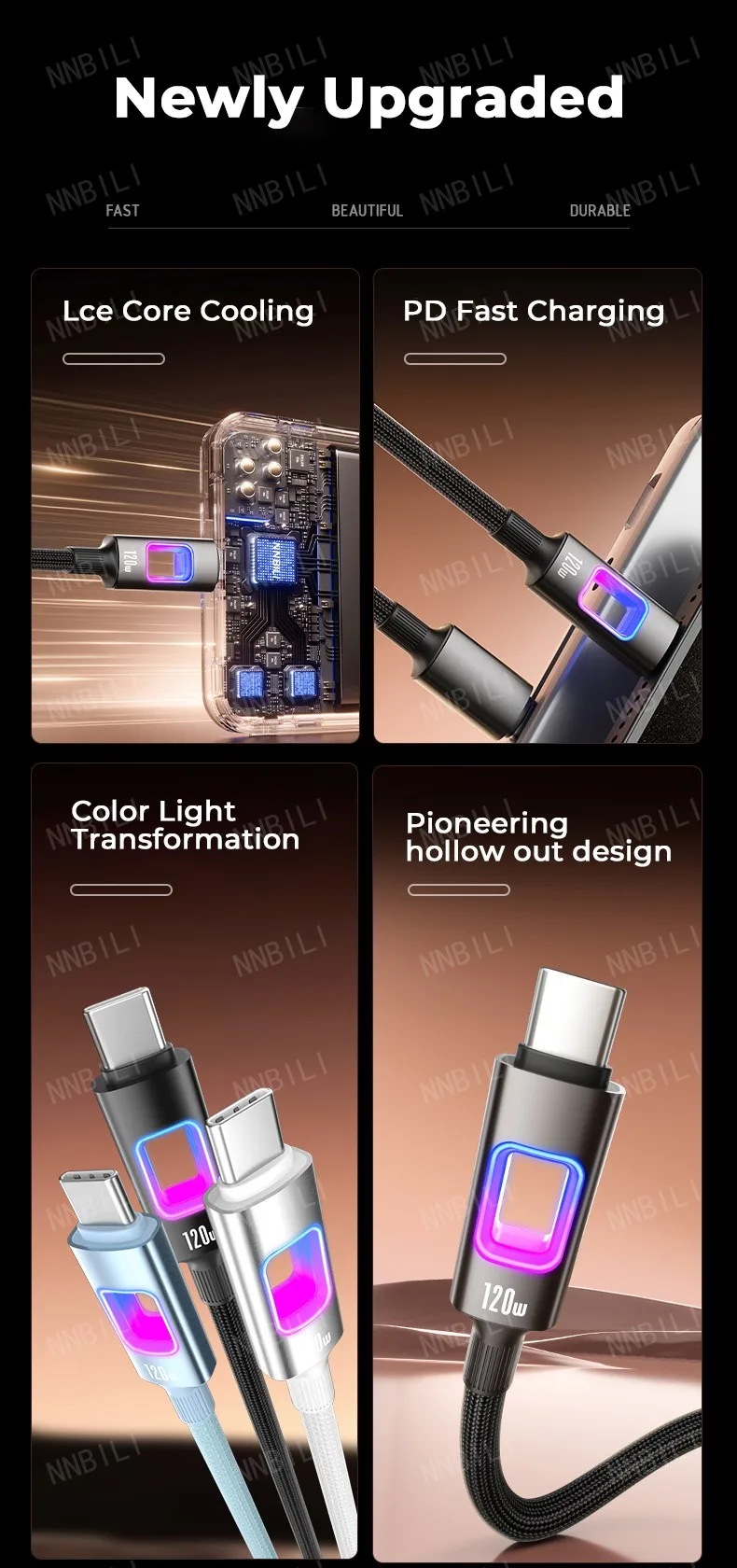 NNBILI Dual Type C 120W USB A to Type C Fast Charging Data Cord Type-C Quick Charging for Huawei MacBook iPad iPhone 18 17 Honor