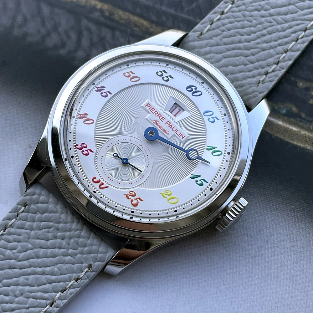 PIERRE PHILIPPE NEUE Pierre Paulin Jumping Hour Herrenuhr Weißes Zifferblatt Automatische St17 Mechanische Uhr Vintage Datumsfenster 38mm Reloj Hombre 6