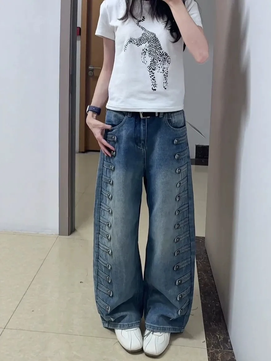 High Waist Loose Fit Women's Jeans Multi-Button Napoleon Design Large Size American Court Style Floor-Length Pants