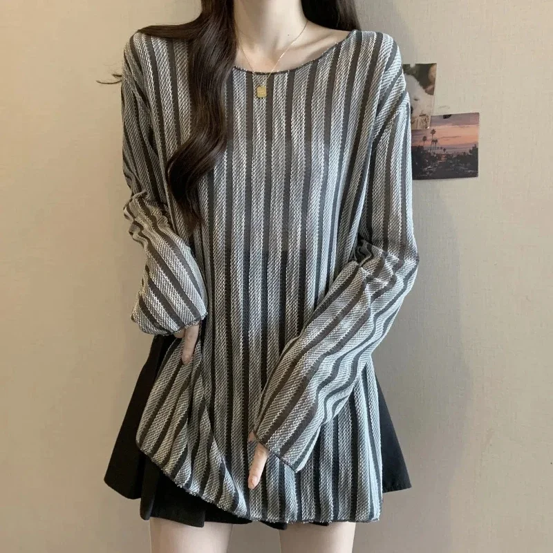 

Striped Slit Women's New Patchwork Pullovers O-Neck Fashion Loose Minimalist Comfortable Casual Long Sleeved Tops XQ714
