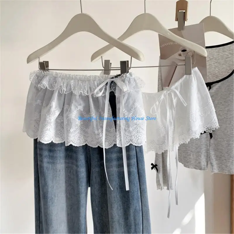 

E56A Women Mini Apron Half Skirt Ruffle Lace Hip Covering Hollowed Scarf Overskirt