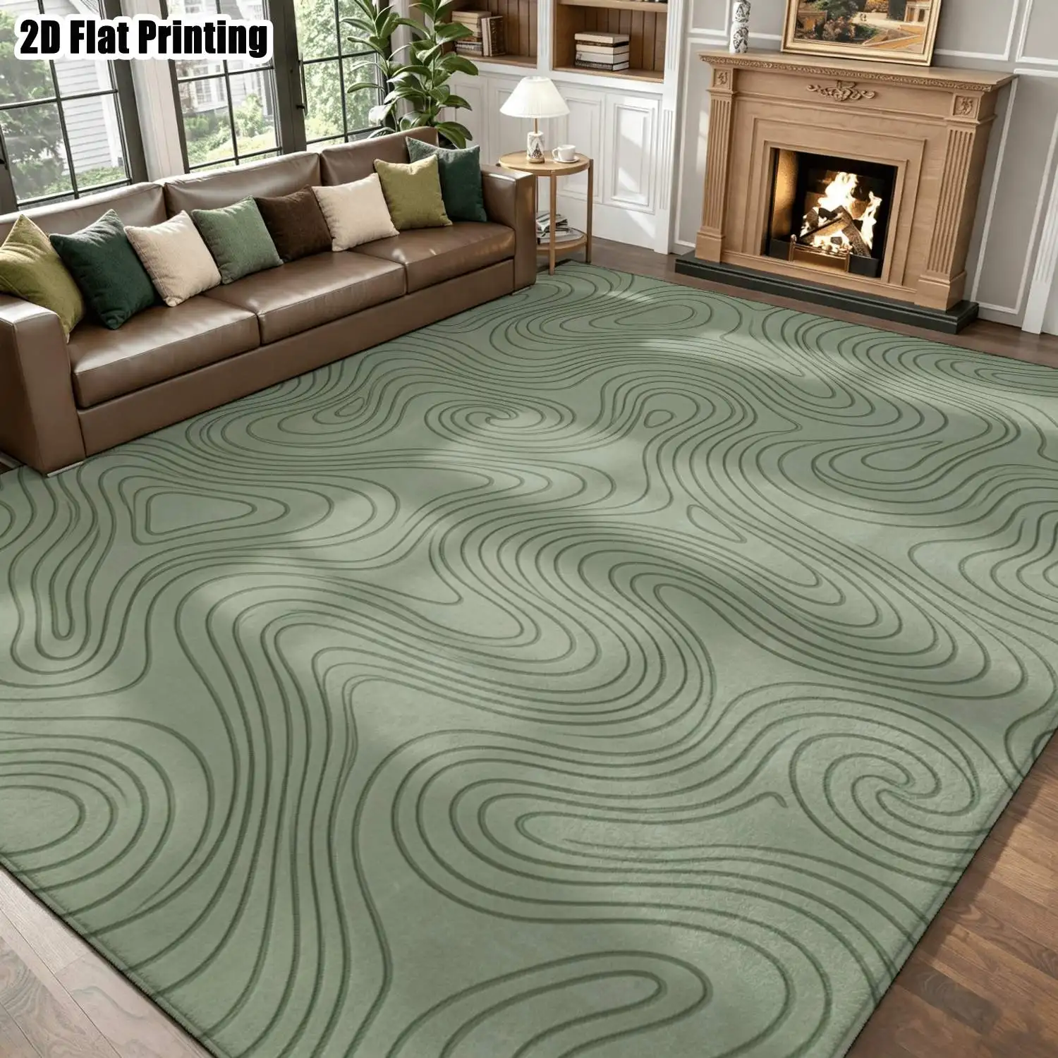 1Pc 2D Printed Bean-Green Line Swirl Nordic Minimalist Carpet, Machine Washable, Multi-Size, Home Decor Mat for Multiple Settings
