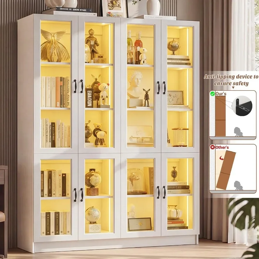 80 Display Cabinet with Glass Doors, 5-Tier Tall Bookcase with LED Light, Glass Display Case with Adjustable Shelves, for Colle