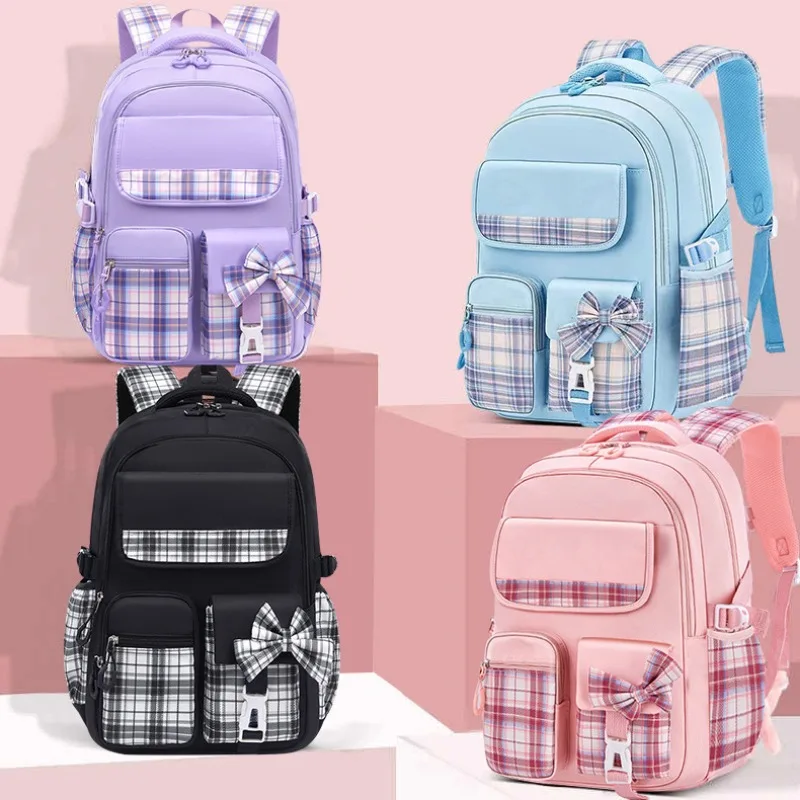 Plaid Kids Rucksack Primary Students Schoolbags Girls Bow Cute Backpack High Capacity Book Bag Durable Light School Satchels