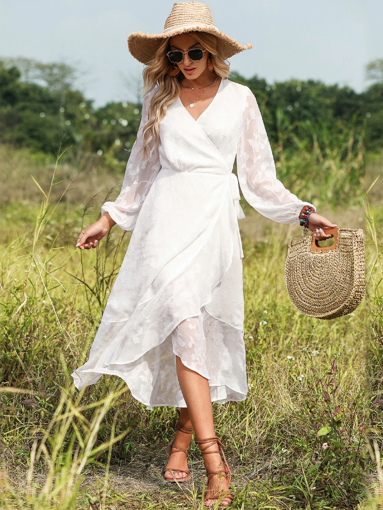

2025 New Summer Simple V-neck Pure Color Belted Ruffled Lantern Sleeve Mid-length Dress