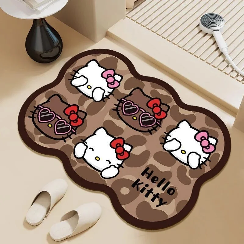 Dark‑Brown Trim Cloud‑Shape Hello Kitty Diatomite Mat Leopard Background Various Cute KT Faces Floor Rug