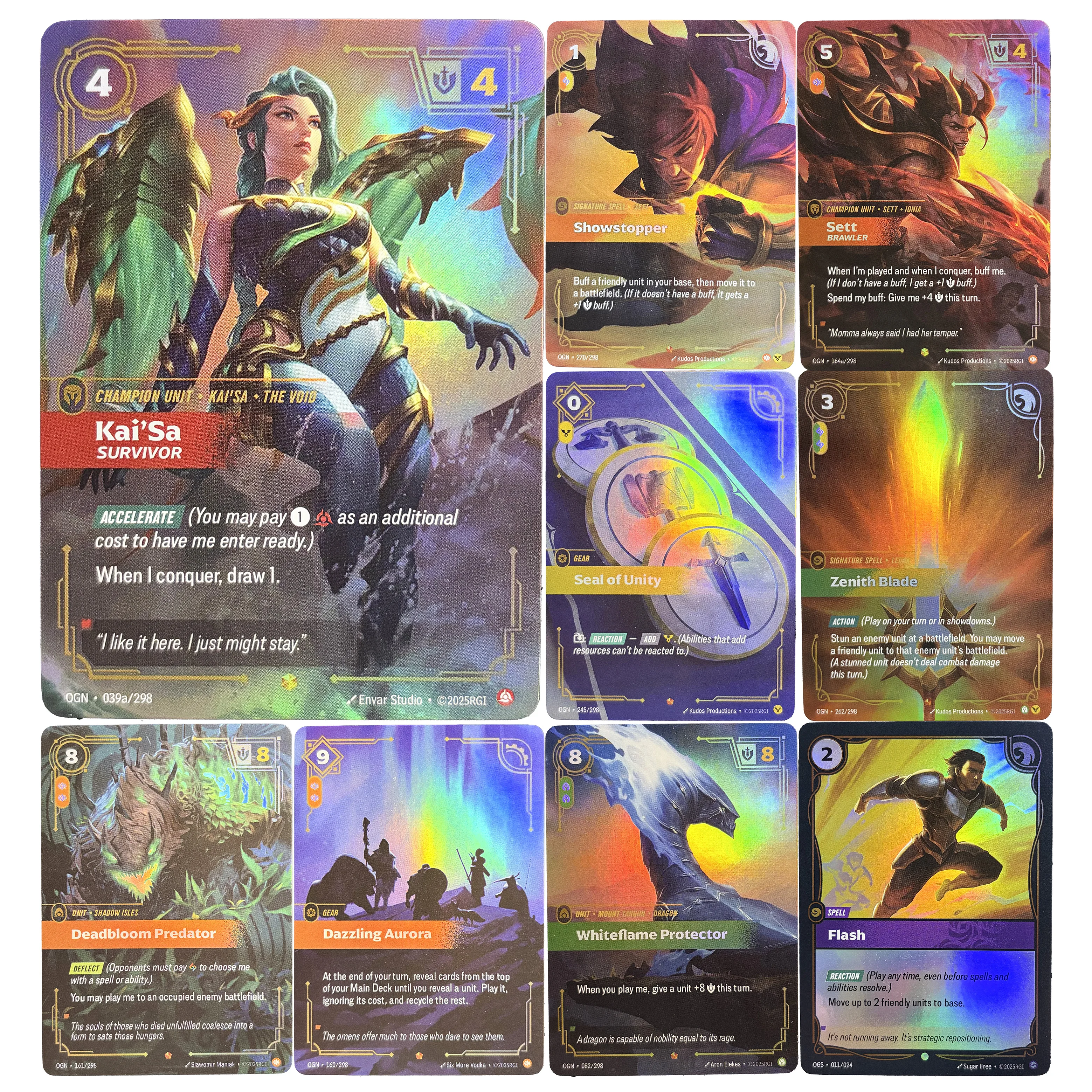 

Коллекционные карточки Riftbound PROXY Holo Foil League of Legends TCG: Кай'Са, Сетт (Survivor), LoR — Набор заклинаний/снаряжения. Подарок для фанатов.