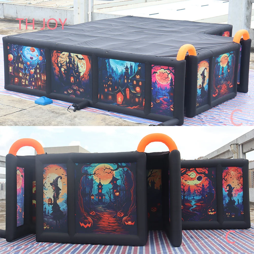 Navio rápido para porta, labirinto inflável gigante em forma de l de 8x7m, casa assombrada de halloween, sala de fuga, etiqueta laser, campo de jogo esportivo