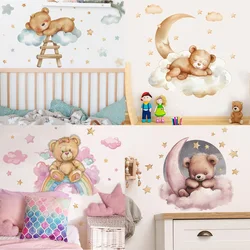 Cute teddy bear sleeping in rainbow clouds and stars Wall Sticker For Kids Room Children Bedroom Decor Wall decals Poster Mural