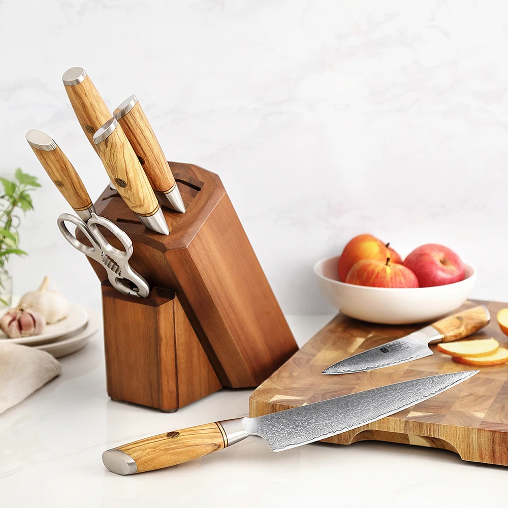 XINZUO 8 Piece Set Knife Holder Set with Sharpener Kitchen Scissors Power Damascus Steel Cooking Tools Olive Wood Handle