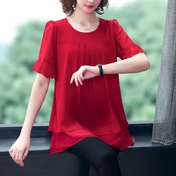 Chiffon Tops New Women's Summer Belly Covering Short Sleeved T-shirt 6XL Large Size Middle Aged Mother Casual Blouse Shirts Tees