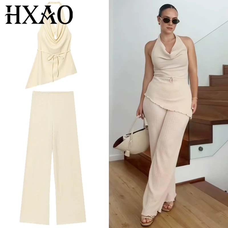 

HXAO Asymmetric Pant Sets Women's Two Pieces Set Textured Halter Lace-Up Backless Top Outfit Off White High Waist Trousers Sets