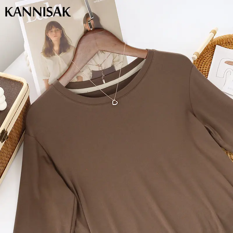 Damskie koszulki T-shirtowe Bluzka bazowa 2025 Jesień Zima Golf Ciepła Moda Koreańska Jednolita Cienka Tkanina Wewnętrzna Dopasowana Modalowa Koszulka — zdjęcie 7