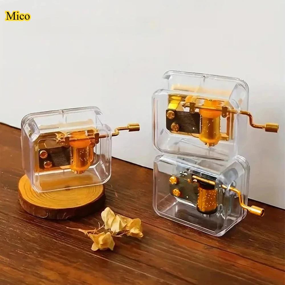 

Creative Transparent Hand Crank Music Box, Mini Mechanical Movement, Gold Plated Gift for Valentine's Day & Graduation