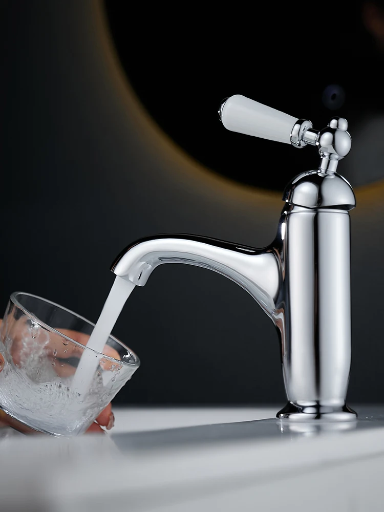 

Retro Brass Single Handle Basin Faucet, Ceramic Handle Washbasin Tap Perfect for Bathroom Cabinets, Hot & Cold Water Mixing