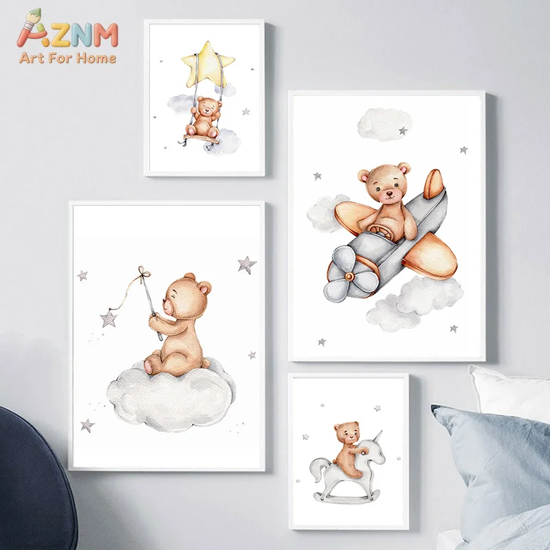 AZNM Cute Teddy Bear Canvas Wall Art, Watercolor Bear on Moon Star Plane Print Poster, Unframed Cartoon Animal Painting for Baby