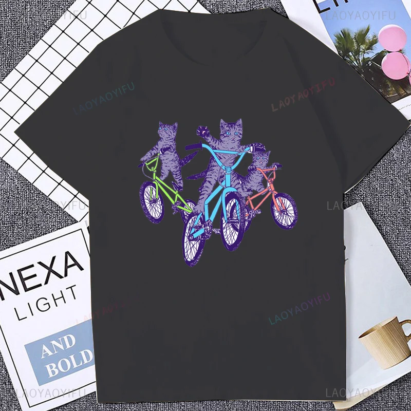 Kawaii مضحك القط الكرتون المطبوعة BMX الدراجة الجرافيك التي شيرت عادية موضة Harajuku الهيب هوب رجل تي شيرت التنفس الراحة القطن تيز #2