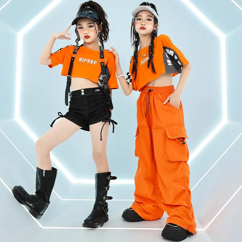 New Jazz Dance Clothes for Girls Kpop Orange Crop Tops Pants Summer Short Sleeve Hip Hop Dance Costumes Kids Performance Outfits