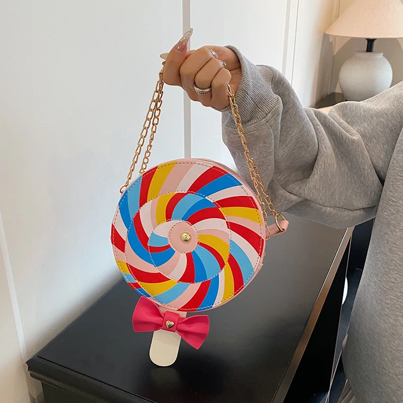 

Fashion Lollipop Bags for Women 2025 New Cute Bowknot Round Crossbody Bag Leather Cartoon Sweet Color Chain Shoulder Bag Woman