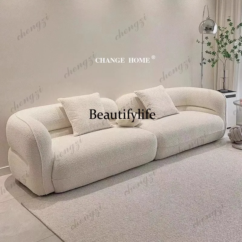 

Nordic cream fabric sofa curved living room small apartment minimalist lamb wool three-person straight sofa