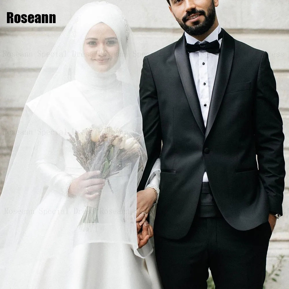 Customized Muslim A-line Wedding Dress 2026 Satin Fashion High Collar Full Draped Pleated Bride Dress Brush Train robe de mariée