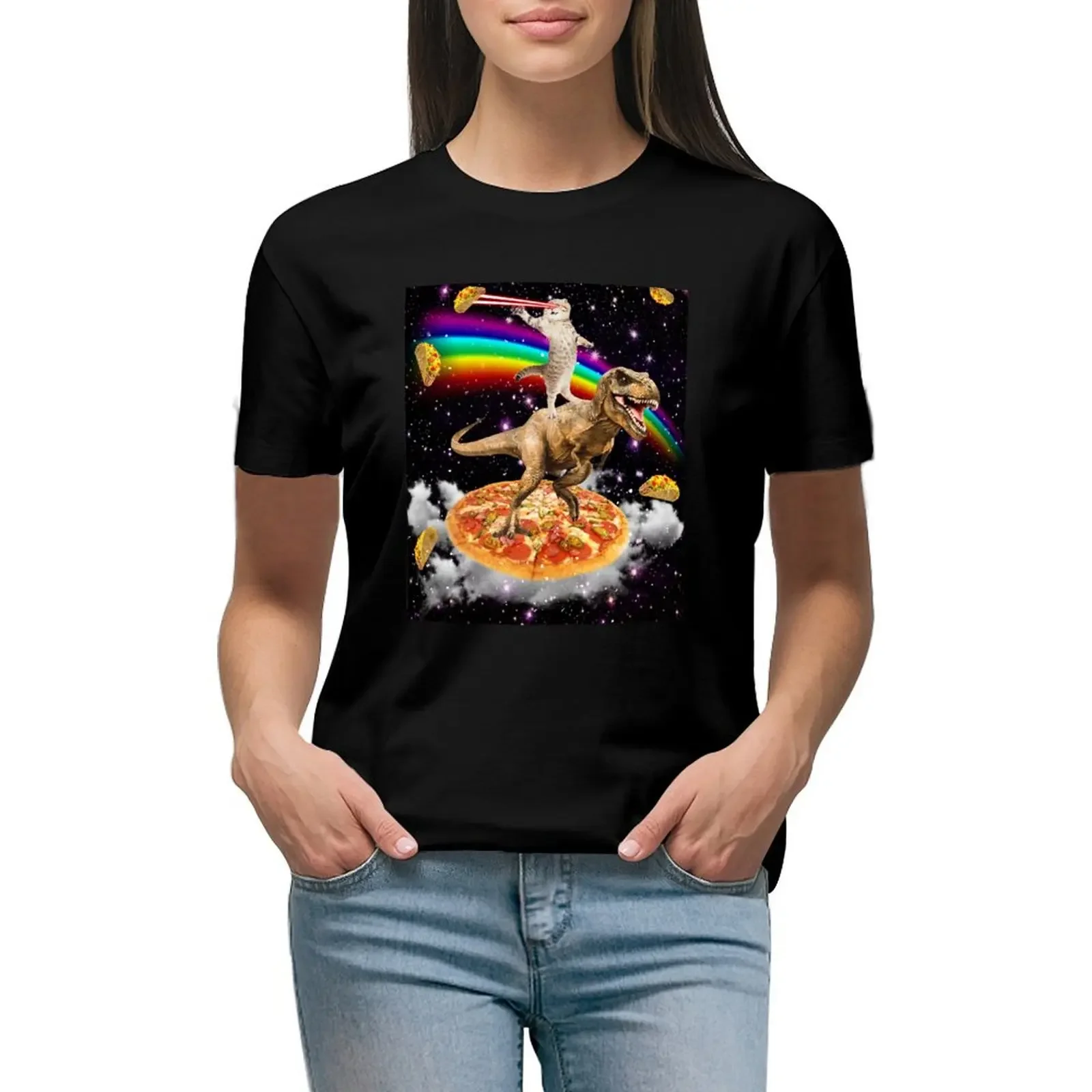 The ORIGINAL Galaxy Laser Eye Cat on Dinosaur on Pizza with Tacos & Rainbow T-Shirt summer clothes female Women's clothing